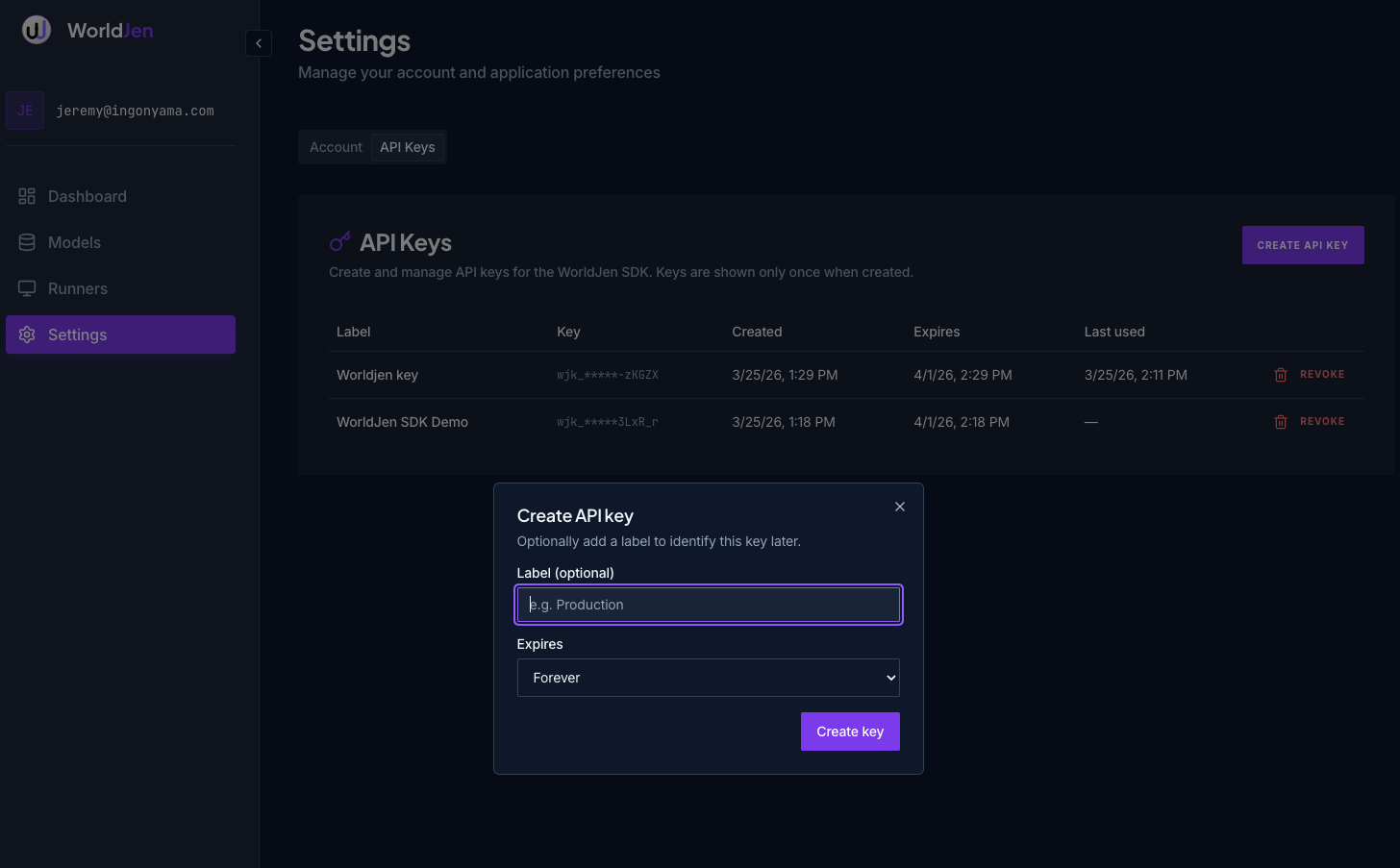 WorldJen API Keys settings page